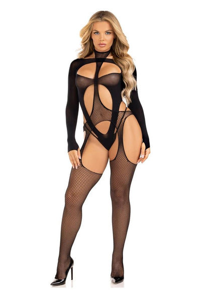 Leg Avenue Fishnet Halter Suspender Bodystocking and Layered Opaque Cut-Out Teddy - Black - One Size - 2 Piece