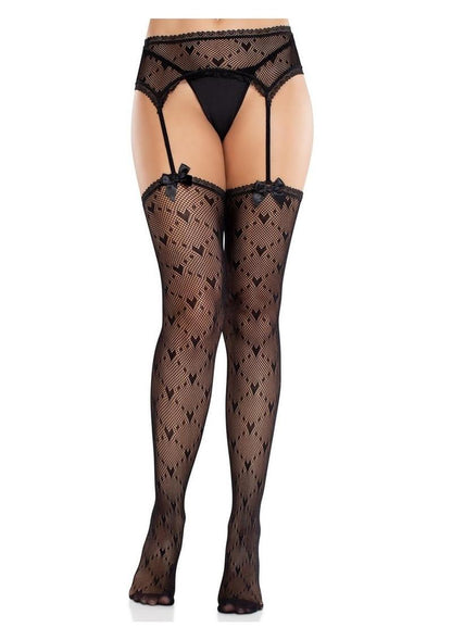 Heart Lace Trimmed Heart Net Stockings with Attached Garter Belt | Leg Avenue