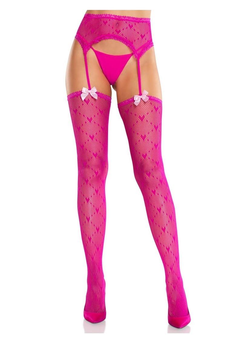 Leg Avenue Heart Lace Trimmed Heart Net Stockings with Attached Garter Belt - Magenta/Red - One Size