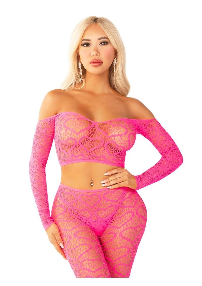 Heart Net Off The Shoulder Crop Top and Footless Tights | Leg Avenue