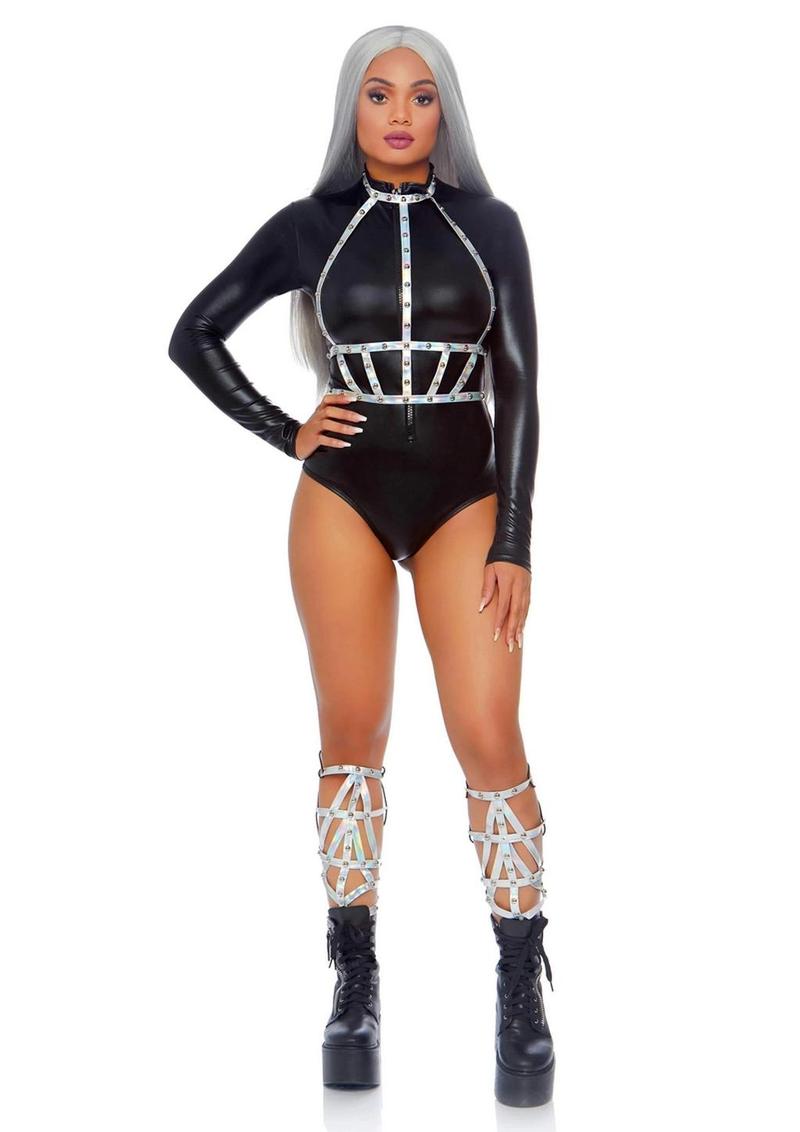 Leg Avenue Iridescent Studded Vinyl Body Harness - Silver - One Size