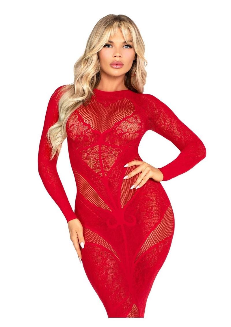 Lace and Net Body Con Gown with Heart Keyhole Detail | Red or Black | Leg Avenue