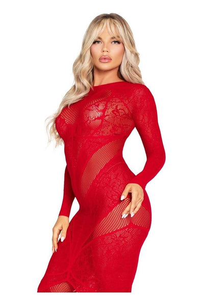 Lace and Net Body Con Gown with Heart Keyhole Detail | Red or Black | Leg Avenue