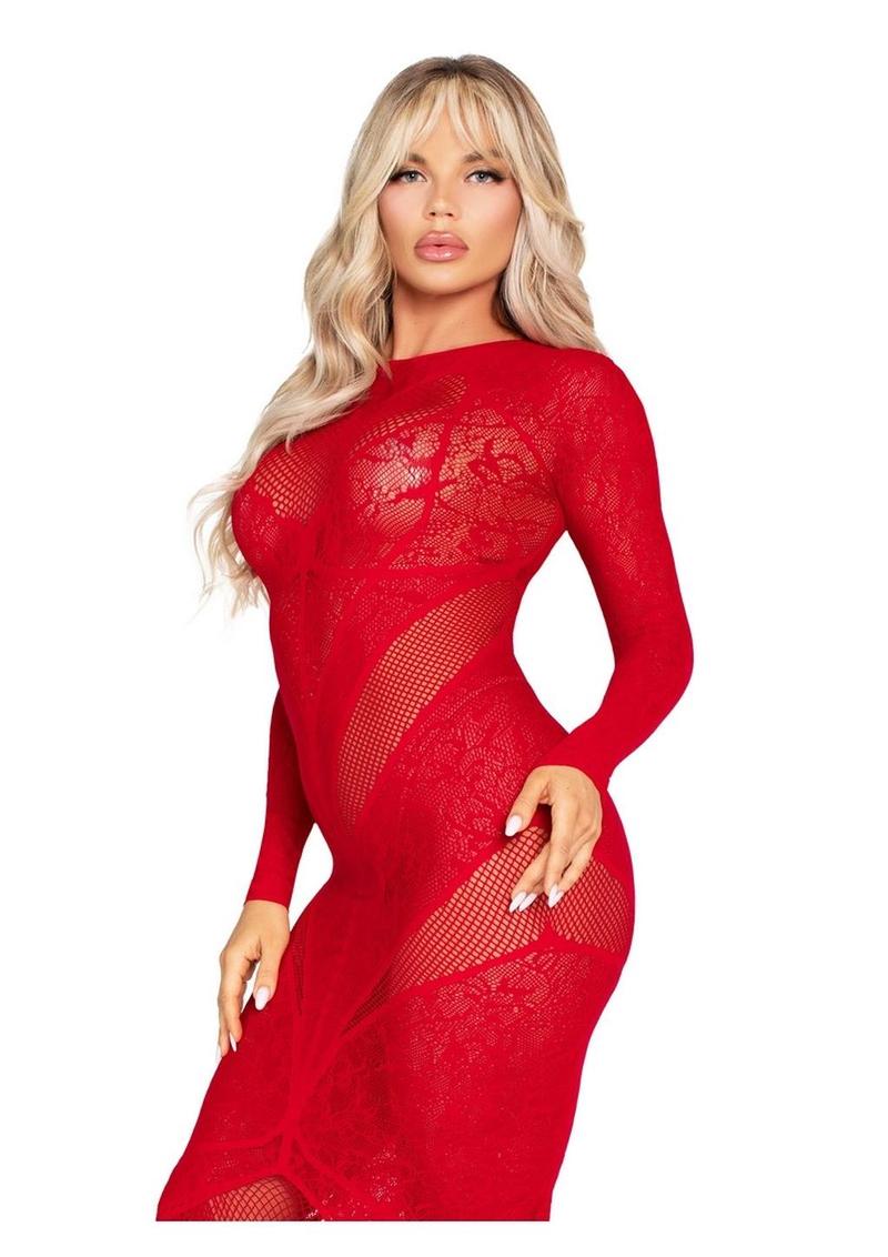 Lace and Net Body Con Gown with Heart Keyhole Detail | Red or Black | Leg Avenue