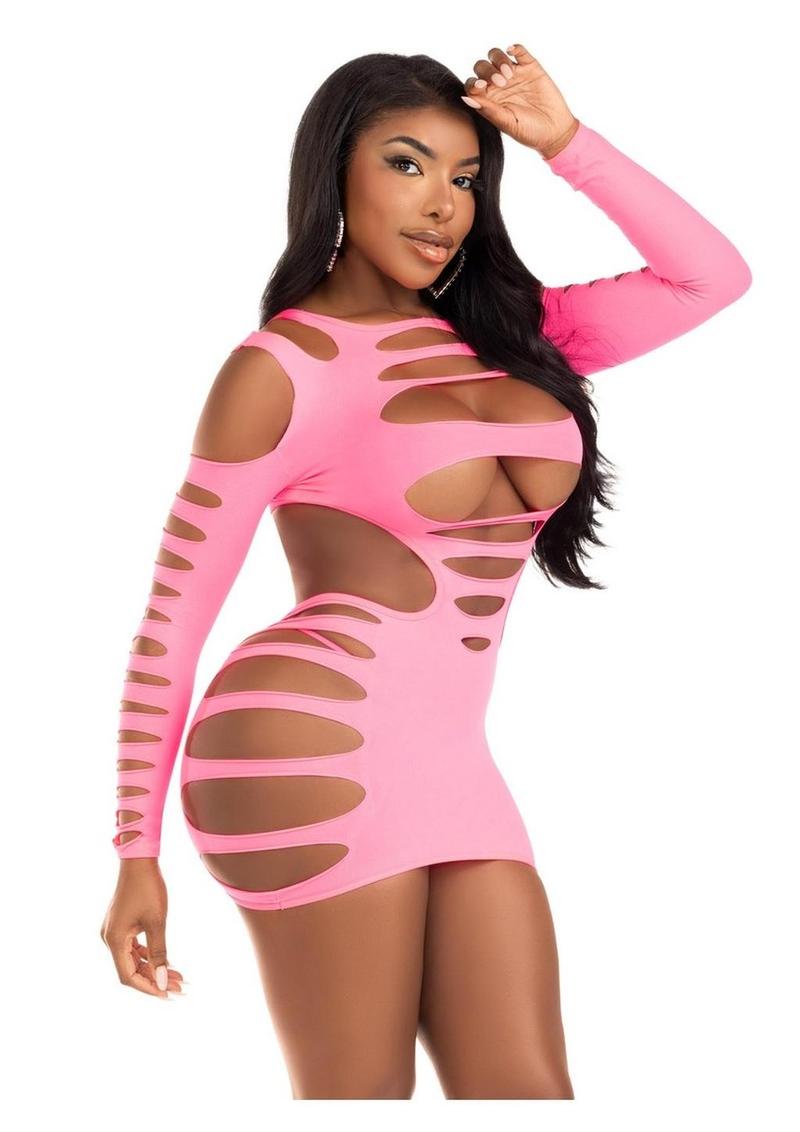 Leg Avenue Opaque Shredded Cut-Out Mini Dress - Neon Pink - One Size