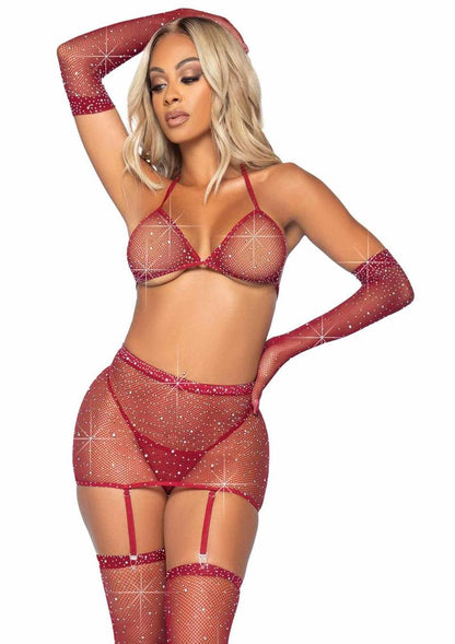 Leg Avenue Rhinestone Fishnet Garter Skirt Set with Bikini Top, G-String, Gloves and Matching Stockings - Burgundy/Red - One Size - 5 Piece