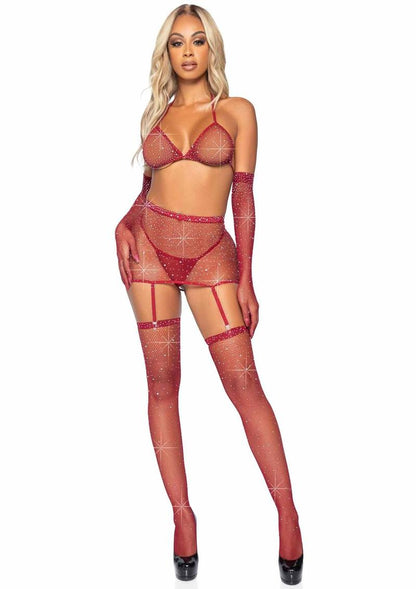 Rhinestone Fishnet Garter Skirt Set with Bikini Top, G-String, Gloves and Matching Stockings | Leg Avenue