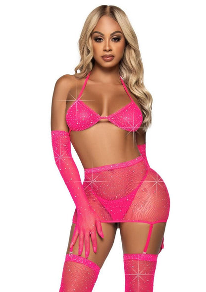 Leg Avenue Rhinestone Fishnet Garter Skirt Set with Bikini Top, G-String, Gloves and Matching Stockings - Neon Pink/Pink - One Size - 5 Piece