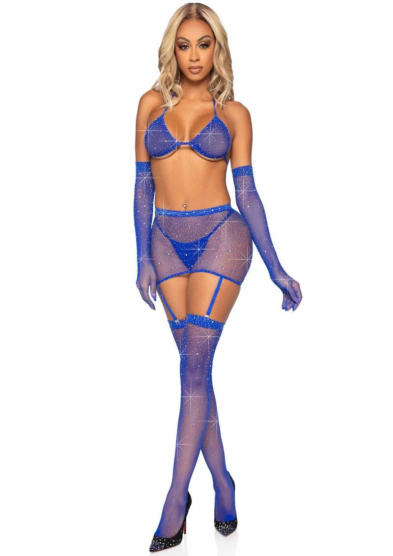 Rhinestone Fishnet Garter Skirt Set with Bikini Top, G-String, Gloves and Matching Stockings | Leg Avenue