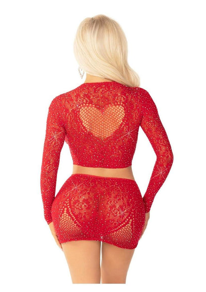 Rhinestone Lace and Net Crop Top with Heart Keyhole Detail and Mini Skirt | Leg Avenue