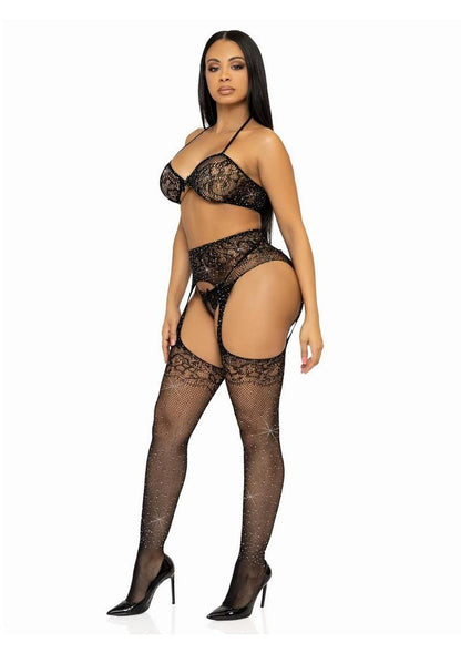 Rhinestone Lace Bra Top, G-String, and Fishnet Garter Belt Stocking | Leg Avenue