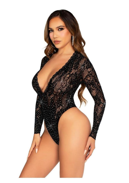 Rhinestone Lace Deep-V High Cut Bodysuit | Leg Avenue