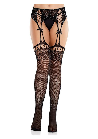 Rhinestone Lace Top Fishnet Stockings with Attached Garter Belt | Leg Avenue