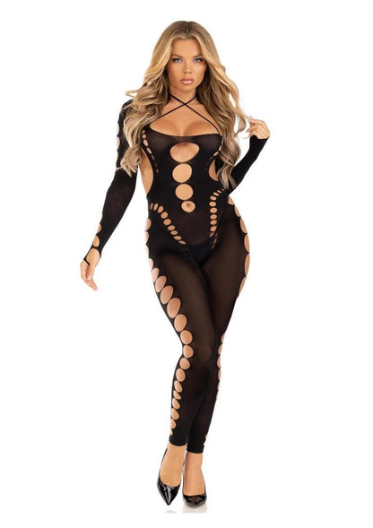 Leg Avenue Seamless Opaque Cut-Out Footless Bodystocking - Black - One Size