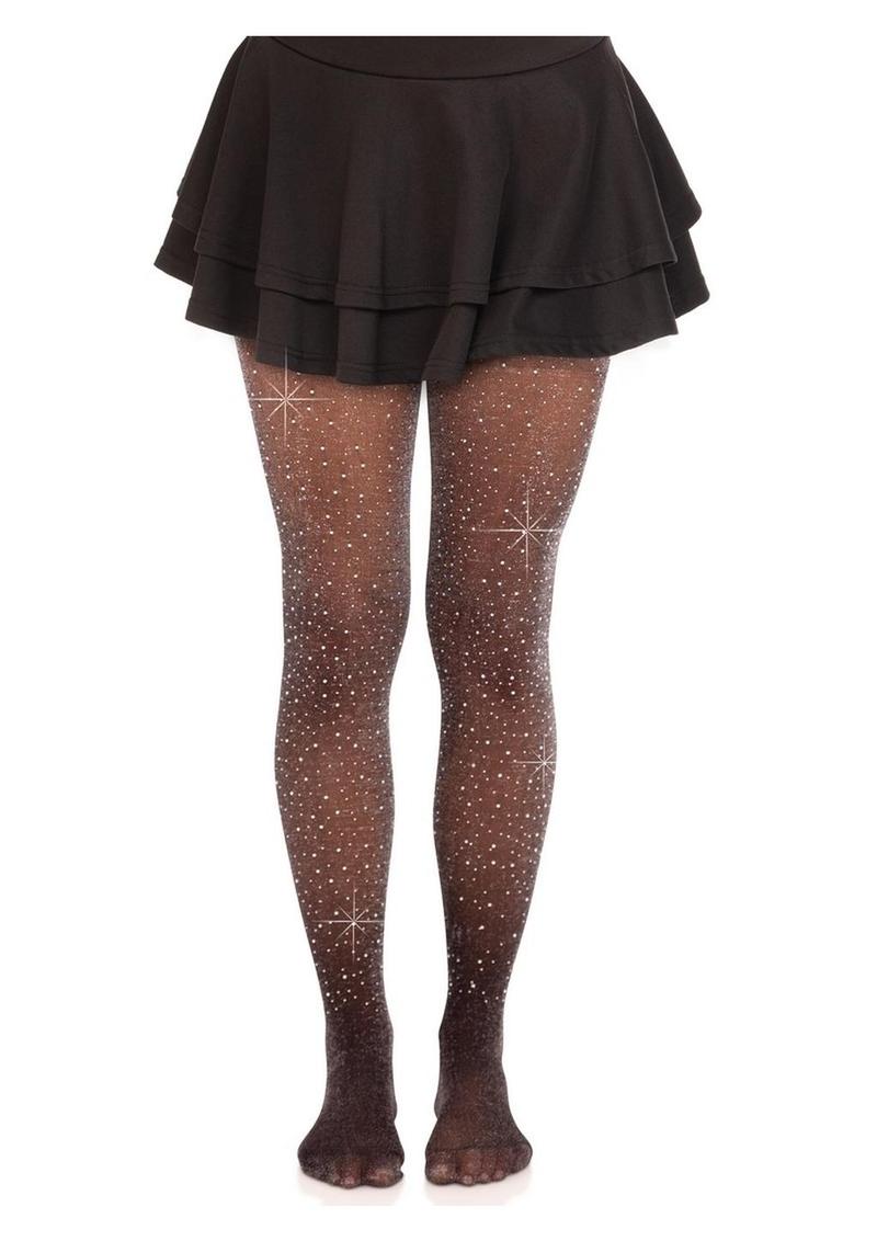 Leg Avenue Spandex Lurex Rhinestone Tights - Black/Silver - One Size Elegant black shimmer tights with hand-laid rhinestones, crafted from stretchy spandex lurex fabric with a no-pinch waistband. One Size fits most.

