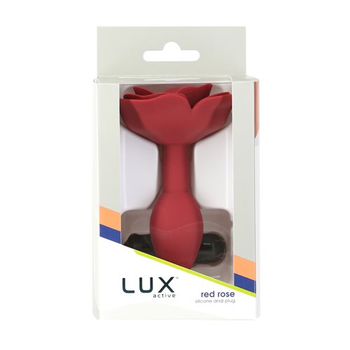 Red silicone anal plug with a rose-shaped base and a sleek, tapered design, perfect for elegant and pleasurable exploration. Keywords: rose anal plug, LUX active Red Rose, silicone anal plug, elegant anal toy, vibrating anal plug, PowerBullet anal plug, body-safe anal toy, tapered anal plug, flexible silicone plug, waterproof anal plug.