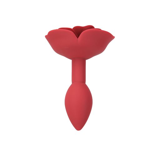 Red silicone anal plug with a rose-shaped base and a sleek, tapered design, perfect for elegant and pleasurable exploration. Keywords: rose anal plug, LUX active Red Rose, silicone anal plug, elegant anal toy, vibrating anal plug, PowerBullet anal plug, body-safe anal toy, tapered anal plug, flexible silicone plug, waterproof anal plug.