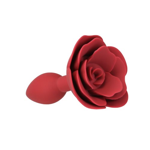 Red silicone anal plug with a rose-shaped base and a sleek, tapered design, perfect for elegant and pleasurable exploration. Keywords: rose anal plug, LUX active Red Rose, silicone anal plug, elegant anal toy, vibrating anal plug, PowerBullet anal plug, body-safe anal toy, tapered anal plug, flexible silicone plug, waterproof anal plug.