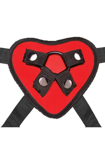 Fetish Strap-On Harness, red heart strap-on harness, adjustable strap-Lux Fetish Red Heart Strap-On Harness with a heart-shaped front, adjustable straps for hips up to 60 inches, and interchangeable O-rings, perfect for pegging and strap-on fun.
on harness, pegging harness, interchangeable O-ring harness, unisex strap-on, Valentine’s Day strap-on, romantic harness, flared-base dildo harness