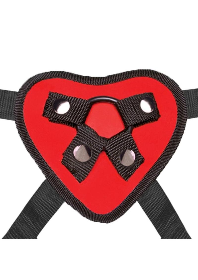 Fetish Strap-On Harness, red heart strap-on harness, adjustable strap-Lux Fetish Red Heart Strap-On Harness with a heart-shaped front, adjustable straps for hips up to 60 inches, and interchangeable O-rings, perfect for pegging and strap-on fun.
on harness, pegging harness, interchangeable O-ring harness, unisex strap-on, Valentine’s Day strap-on, romantic harness, flared-base dildo harness