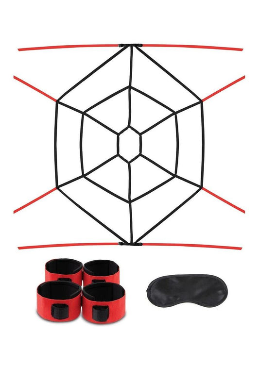 Lux Fetish Webbed Up Bedspreader Restriant System - Black/Red Webbed Up Bedspreader Restraint System with durable spiderweb design for versatile bed restraint play and creative positioning