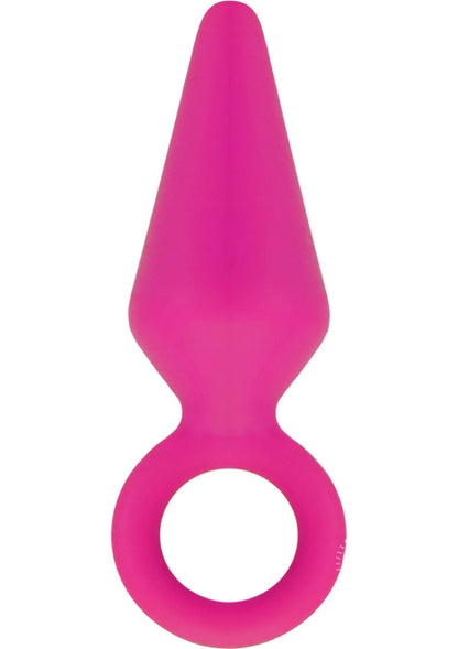 Luxe Candy Rimmer Silicone Butt Plug - Pink - Medium The Candy Rimmer Small Butt Plug shown in three vibrant colors—purple, blue, and pink—with a looped handle for easy retrieval.