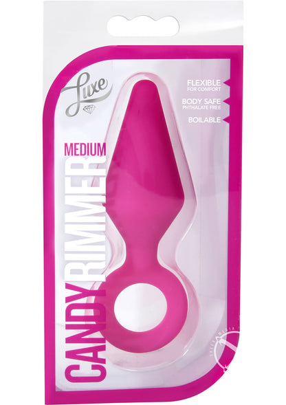 Luxe Candy Rimmer Silicone Butt Plug - Pink - Medium Packaging of the Candy Rimmer Small Butt Plug in purple, blue, and pink, featuring a flexible, body-safe silicone design that is boilable for sanitation.