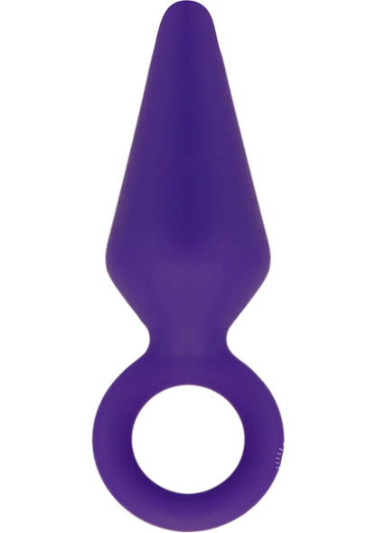 Luxe Candy Rimmer Silicone Butt Plug - Purple - Medium The Candy Rimmer Small Butt Plug shown in three vibrant colors—purple, blue, and pink—with a looped handle for easy retrieval.