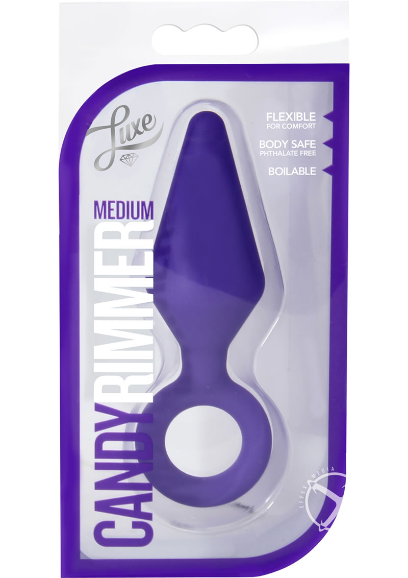 Luxe Candy Rimmer Silicone Butt Plug - Purple - Medium Packaging of the Candy Rimmer Small Butt Plug in purple, blue, and pink, featuring a flexible, body-safe silicone design that is boilable for sanitation.