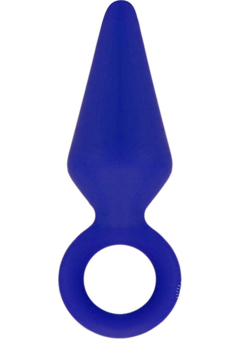 Luxe Candy Rimmer Silicone Butt Plug - Blue/Indigo - Small The Candy Rimmer Small Butt Plug shown in three vibrant colors—purple, blue, and pink—with a looped handle for easy retrieval.

