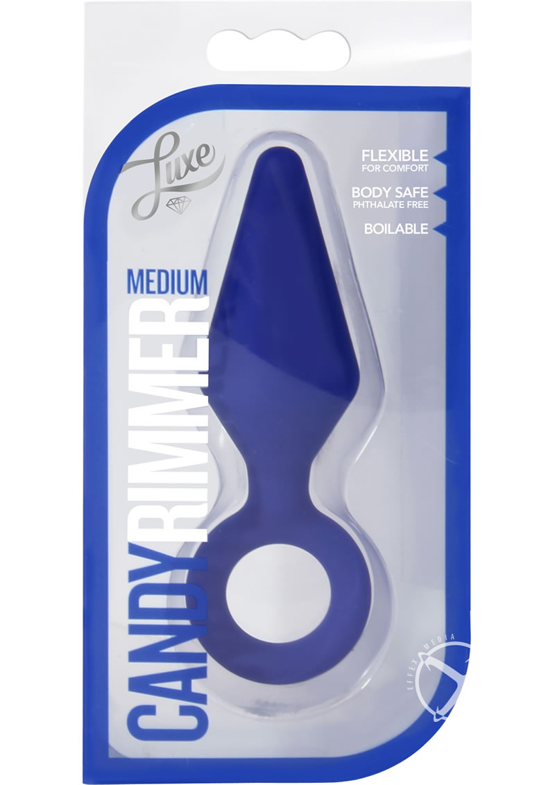 Luxe Candy Rimmer Silicone Butt Plug - Blue/Indigo - Small Packaging of the Candy Rimmer Small Butt Plug in purple, blue, and pink, featuring a flexible, body-safe silicone design that is boilable for sanitation.