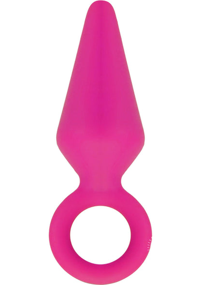 Luxe Candy Rimmer Silicone Butt Plug - Pink - Small The Candy Rimmer Small Butt Plug shown in three vibrant colors—purple, blue, and pink—with a looped handle for easy retrieval.