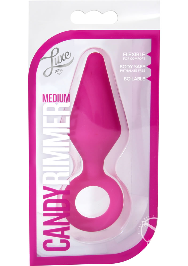 Luxe Candy Rimmer Silicone Butt Plug - Pink - Small Packaging of the Candy Rimmer Small Butt Plug in purple, blue, and pink, featuring a flexible, body-safe silicone design that is boilable for sanitation.