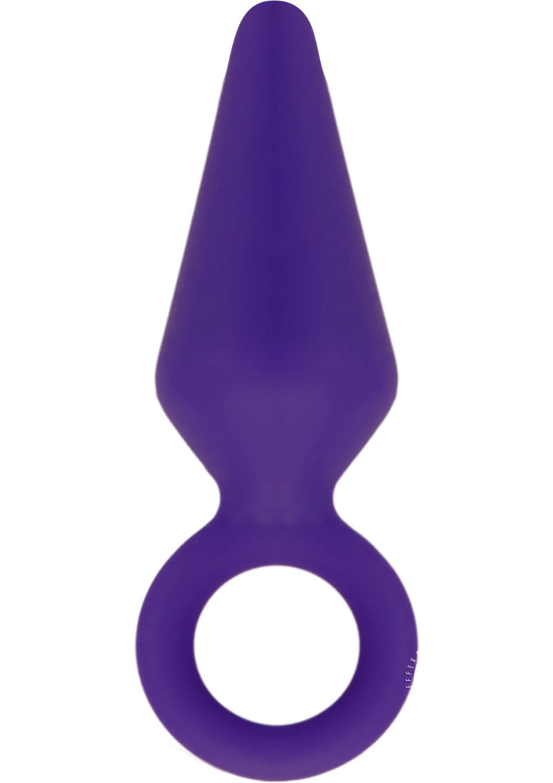 Luxe Candy Rimmer Silicone Butt Plug - Purple - Small A purple Candy Rimmer Small Butt Plug with labeled features, including lab-certified body-safe material, platinum-cured silicone, smooth satin finish, and a looped handle for effortless handling.