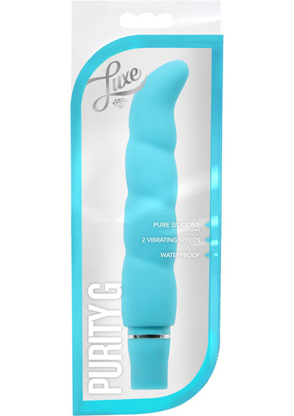 Luxe Purity G Silicone G-Spot Vibrator - Aqua/Blue Purity G Vibrator with ergonomic G-spot curve, 10 vibrating functions, and satin-smooth silicone, available in Blue Aqua, Purple Periwinkle, or Hot Pink.

G-spot vibrator, 10-function silicone vibrator, waterproof G-spot toy, satin-smooth vibrator, ergonomic G-spot curve, body-safe G-spot vibrator, colorful waterproof vibrator, Purity G 5-year warranty.