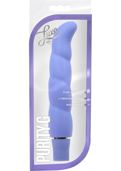 Luxe Purity G Silicone G-Spot Vibrator - Periwinkle/Purple Purity G Vibrator with ergonomic G-spot curve, 10 vibrating functions, and satin-smooth silicone, available in Blue Aqua, Purple Periwinkle, or Hot Pink.

G-spot vibrator, 10-function silicone vibrator, waterproof G-spot toy, satin-smooth vibrator, ergonomic G-spot curve, body-safe G-spot vibrator, colorful waterproof vibrator, Purity G 5-year warranty.