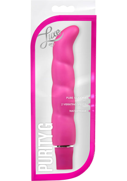 Luxe Purity G Silicone G-Spot Vibrator - Pink Purity G Vibrator with ergonomic G-spot curve, 10 vibrating functions, and satin-smooth silicone, available in Blue Aqua, Purple Periwinkle, or Hot Pink.

G-spot vibrator, 10-function silicone vibrator, waterproof G-spot toy, satin-smooth vibrator, ergonomic G-spot curve, body-safe G-spot vibrator, colorful waterproof vibrator, Purity G 5-year warranty.