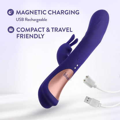 Blue rabbit vibrator with come-hither motion, G-spot stimulation, and dual vibration modes for clitoral and internal pleasure.
Keywords: rabbit vibrator, G-spot massager, come-hither motion, dual vibration modes, clitoral stimulator, silicone vibrator, magnetic USB charging, splashproof vibrator, 8.75-inch vibrator, smooth silicone, body-safe, IPX6 waterproof