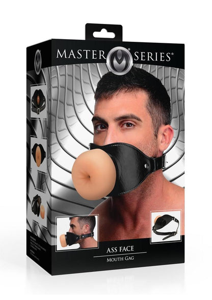 booty gag, Master Series gag, penetrable gag, BDSM mouth gag, TPE booty hole gag, vegan leather gag, adjustable strap gag, nickel-free buckle gag, kinky roleplay toy, BDSM bondage gag.