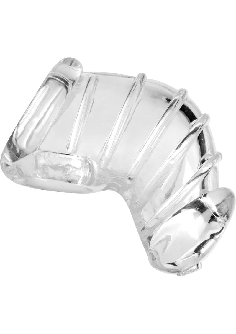 Master Series Detained Soft Body Chastity Cage - Clear Clear rubber Master Series Detained Soft Body Chastity Cage with cum-through opening, separate chambers, and discreet design for long-term wear