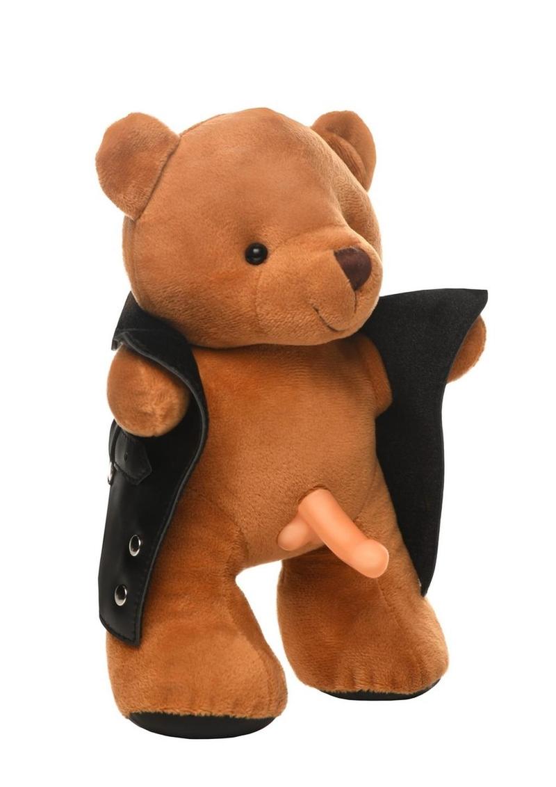 Master Series Flasher Exhibitionist Teddy Bear - Black/Brown Flasher Exhibitionist Teddy Bear with plush brown fur, vegan leather jacket, and humorous flashing surprise for novelty gifting