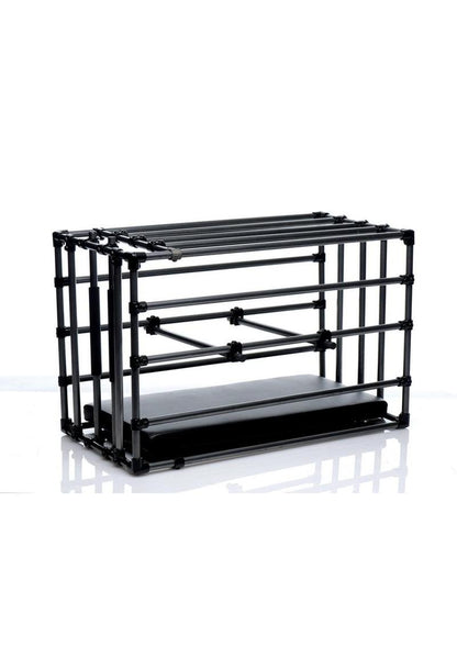 Adjustable puppy cage with padded board, positioning bars, and sturdy steel construction for BDSM and roleplay.

