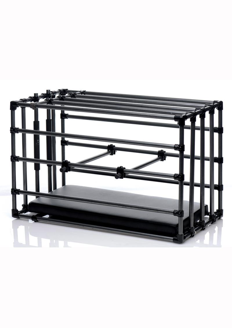 Adjustable puppy cage with padded board, positioning bars, and sturdy steel construction for BDSM and roleplay.

