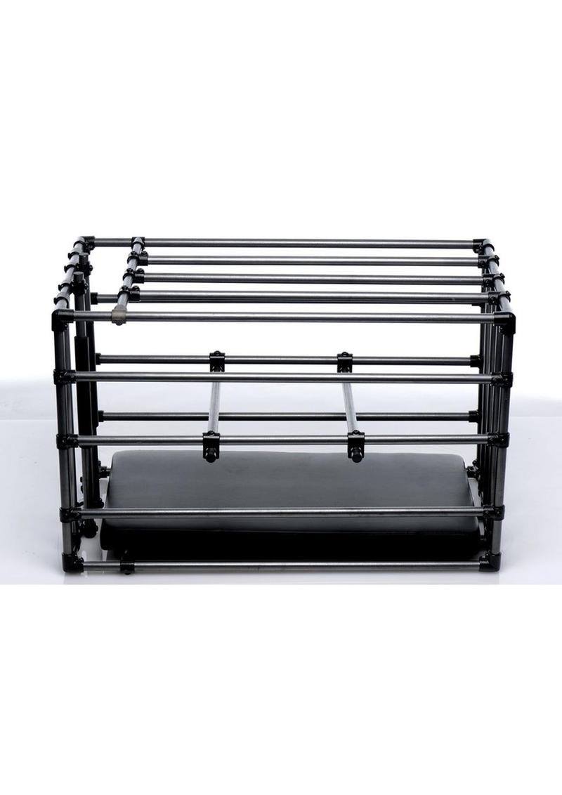 Adjustable puppy cage with padded board, positioning bars, and sturdy steel construction for BDSM and roleplay.

