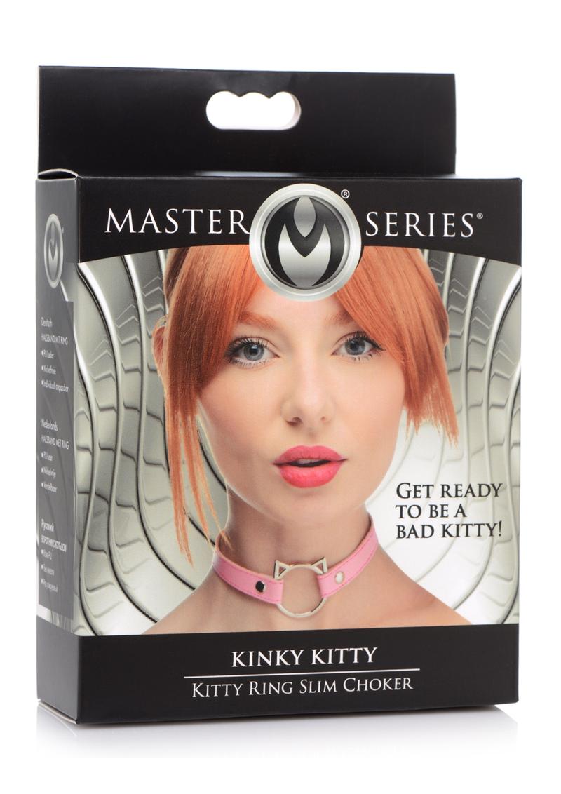 Master Series Kinky Kitty Adjustable Ring Choker Slim - Pink kitty play choker, cat O-ring choker, BDSM kitty collar, slim PU leather collar, adjustable kitty play collar, pink kitty choker, black kitty choker, lightweight bondage choker, nickel-free collar, pet play choker, feline BDSM collar, stylish kitty collar, snap-button choker, kitty collar for leashes, elegant BDSM collar, pink leather choker, black leather choker, kitty roleplay collar, cat ear O-ring choker, pet play accessory, adjustable leather