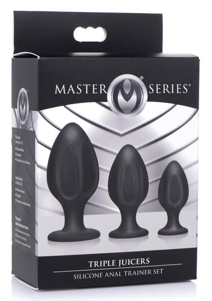 Master Series Triple Juicers: Three star-shaped silicone plugs with suction bases, perfect for anal training. Graduated sizes ensure pleasure for every skill level.

