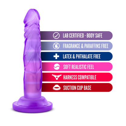 Naturally Yours 5 Inch Mini Cock, slim lifelike dildo with suction cup base and harness compatibility, available in pink or purple.

slim dildo, beginner-friendly dildo, pink dildo, purple dildo, harness-compatible toy, suction cup base, body-safe TPE, pegging dildo, realistic slim dildo, beginner anal toy