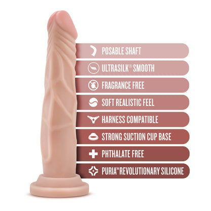 7.5-inch realistic silicone dildo with poseable shaft, suction cup base, and harness compatibility; available in chocolate or vanilla. Keywords: realistic silicone dildo, 7.5-inch dildo, poseable shaft dildo, suction cup dildo, harness compatible dildo, chocolate dildo, vanilla silicone dildo, phthalate-free dildo, body-safe silicone dildo, platinum-cured silicone dildo, Ultrasilk smooth dildo, realistic strap-on dildo, hands-free suction cup dildo