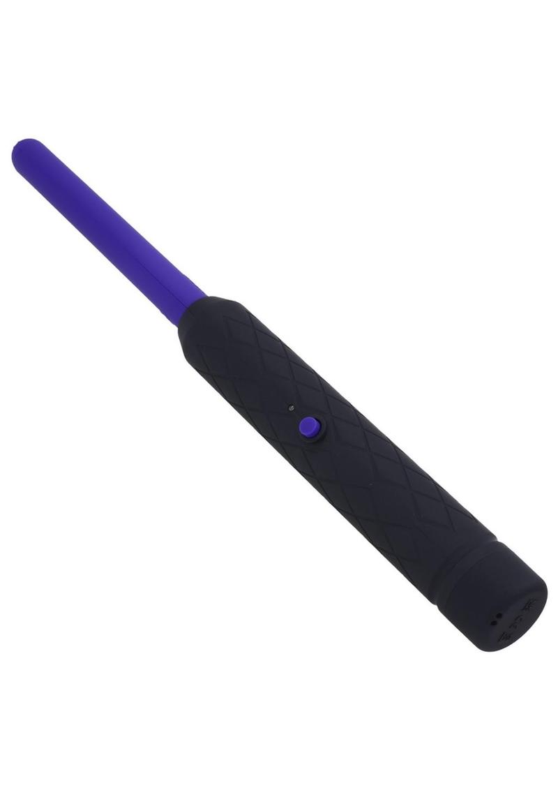 Stinger Electroplay Wand with non-conductive rubber grip, violet shaft, and dual-prong design for tickling, tingling, and moderate stings