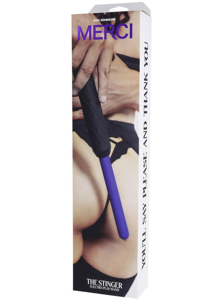 Merci The Stinger Electroplay Wand - Black/Purple electroplay wand, Stinger electric cattle prod, electrostimulation toy, BDSM electric wand, Stinger sensory play, violet shaft electro wand, teasing electroplay tool